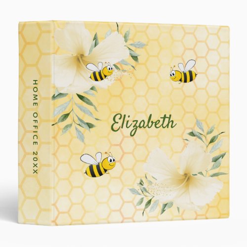 Bees yellow honeycomb flowers summer name 3 ring binder