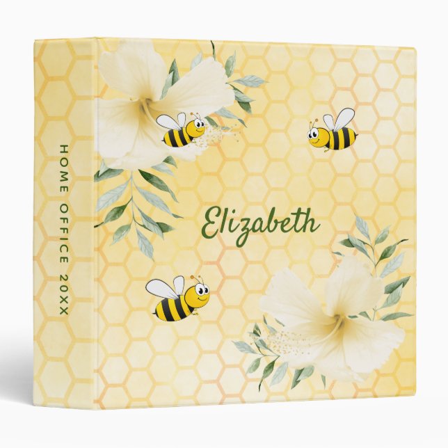 Bees yellow honeycomb flowers summer name 3 ring binder (Front/Spine)
