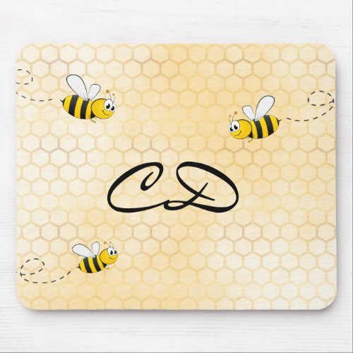 Bees Yellow honeycomb fun humor monogram Mouse Pad