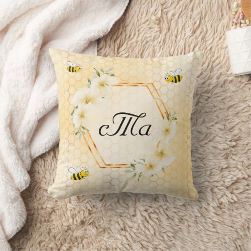 Bees yellow honeycomb monogram floral throw pillow