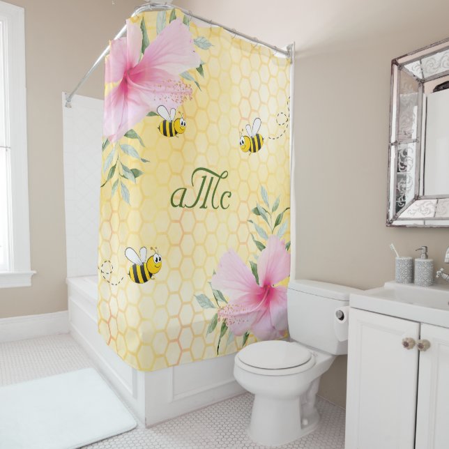 Bees yellow honeycomb pink floral monogram shower curtain (In Situ)
