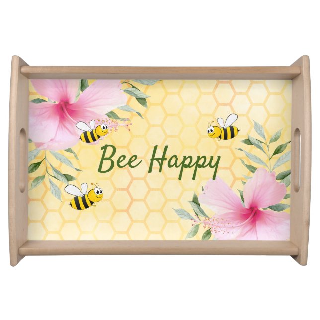 Bees yellow honeycomb pink floral serving tray (Front)