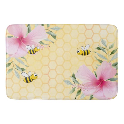 Bees yellow honeycomb pink florals bath mat