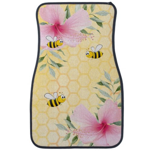 Bees yellow honeycomb pink florals car floor mat