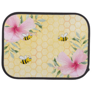 Bees yellow honeycomb pink florals car floor mat