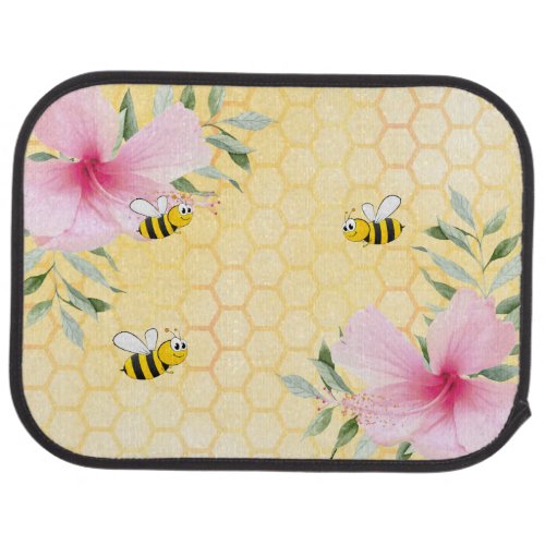 Bees yellow honeycomb pink florals car floor mat
