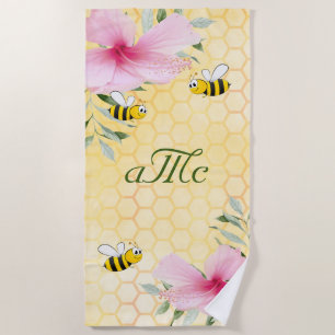 Bees yellow honeycomb pink florals couple monogram beach towel