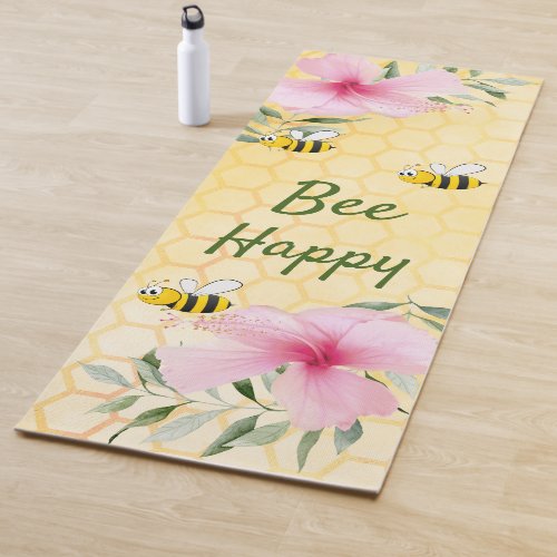 Bees yellow honeycomb pink florals cute yoga mat