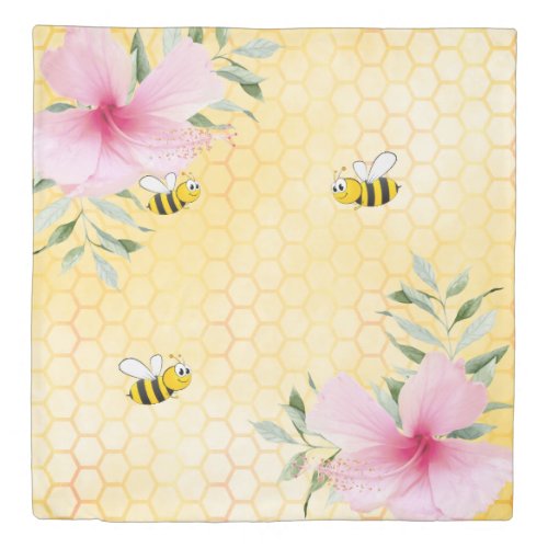 Bees yellow honeycomb pink florals duvet cover