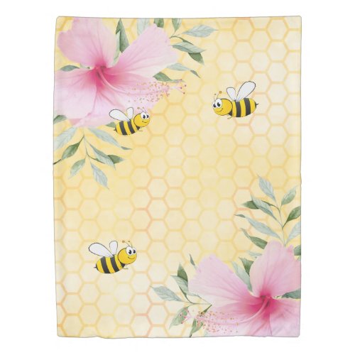 Bees yellow honeycomb pink florals duvet cover