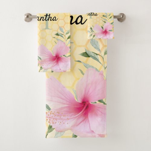 Bees yellow honeycomb pink florals monogram bath towel set