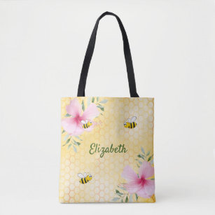 Bees yellow honeycomb pink florals name cute tote bag