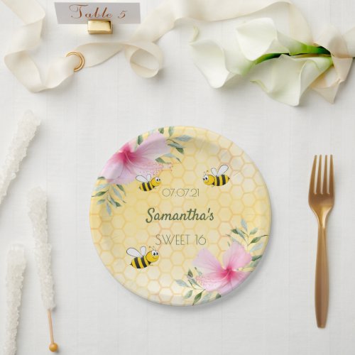 Bees yellow honeycomb pink florals Sweet 16 Paper Plates