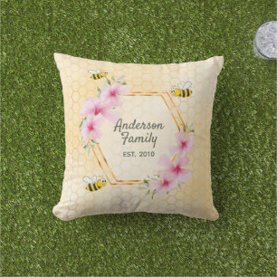 Bees yellow honeycomb pink flowers family name outdoor pillow