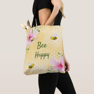 Bees yellow honeycomb pink flowers tote bag