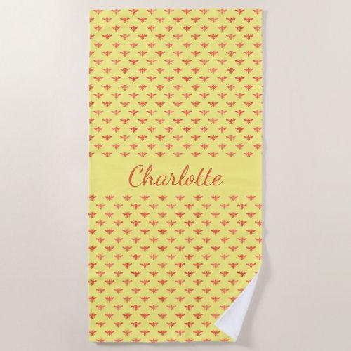 Bees yellow rose gold monogram name script beach towel