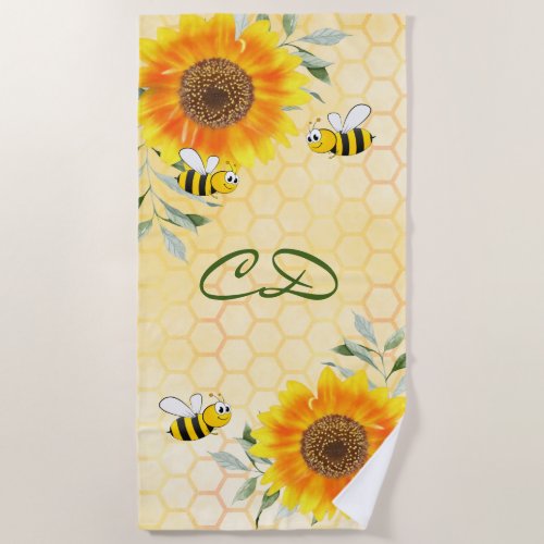 Bees yellow sunflower florals honeycomb monogram beach towel