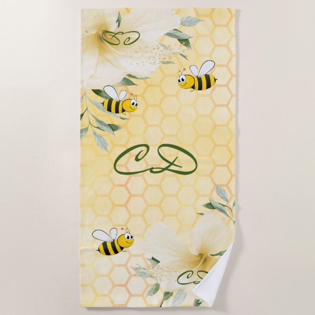 Bees yellow sweet honeycomb florals monogram beach towel (Front)