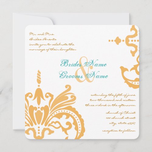 Beeswax and Blue Curacao Floral Damask Invitations