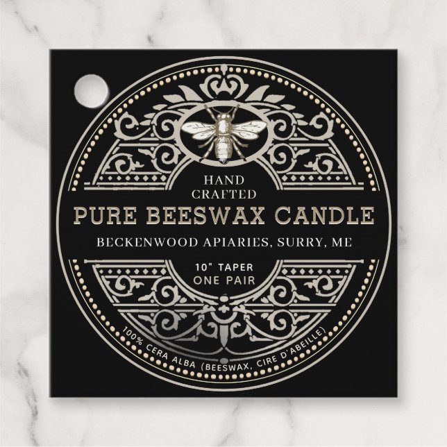Beeswax Candle Heraldic Bee Product Label Black (Front)