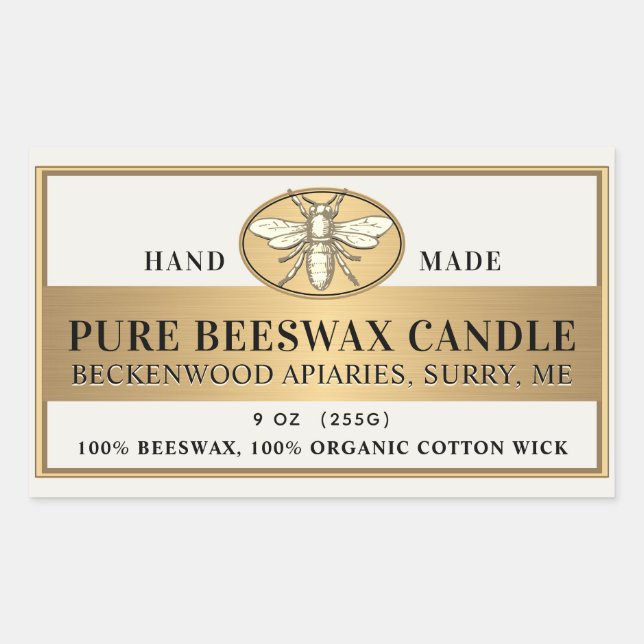 Beeswax Candle Label Honeybee Metallic Gold (Front)