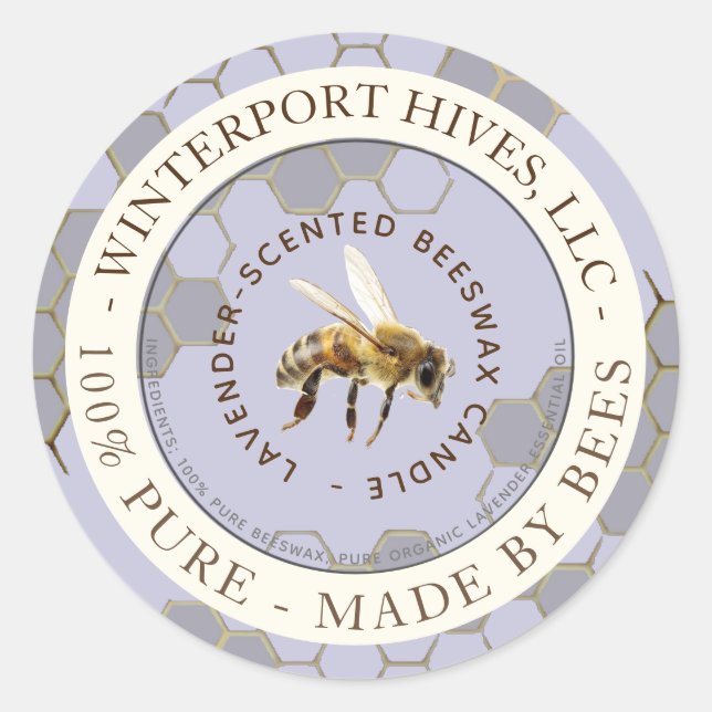 Beeswax Candle Label with honeycomb bee lavender (Front)