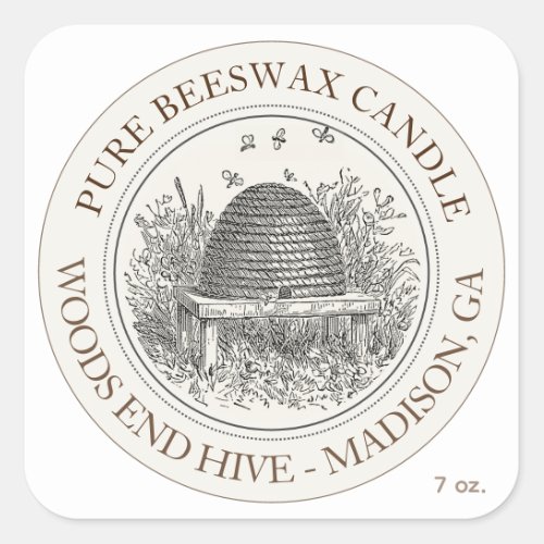 Beeswax Candle Skep with Bees Ivory  Square Sticker