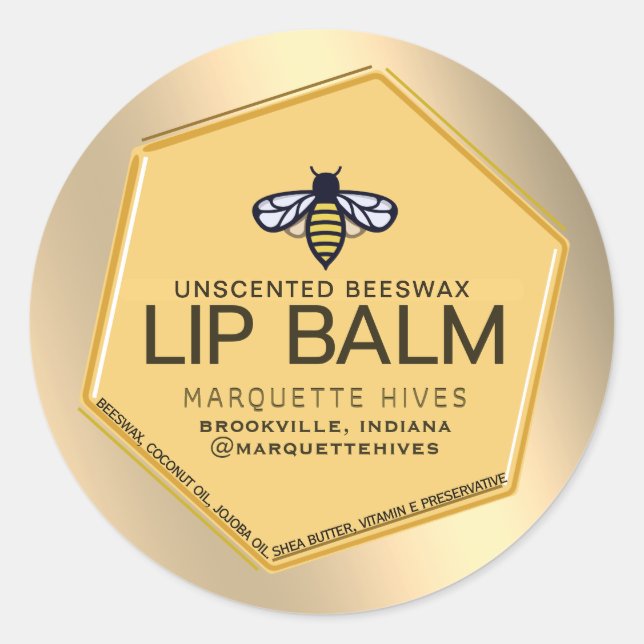  Beeswax Lip Balm 3D Yellow Hexagon with bee Classic Round Sticker (Front)