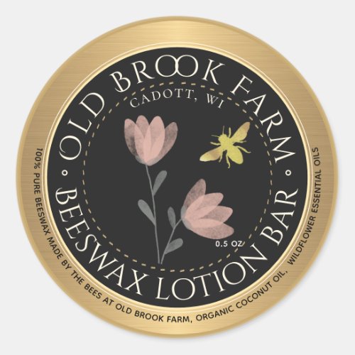Beeswax Lip Balm Gold Black Flower Bee Classic Round Sticker