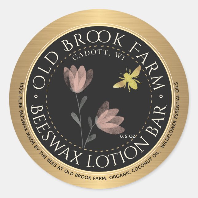 Beeswax Lip Balm Gold Black Flower Bee Classic Round Sticker (Front)
