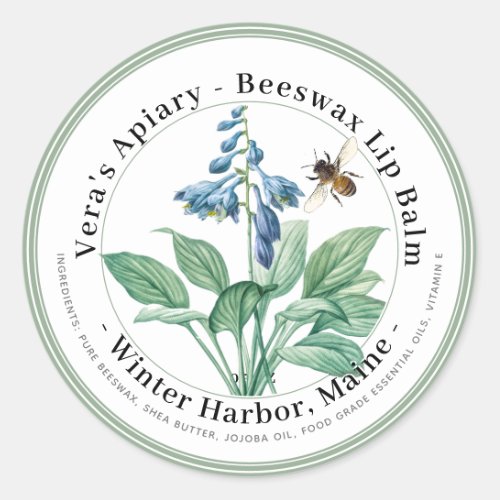 Beeswax Lip Balm Label with Blue Flowers and Bee