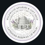 Beeswax Lip Balm Vintage Skep Lavender & Honeycomb Classic Round Sticker<br><div class="desc">Custom Lip Balm label with vintage illustration of a bee-hive surrounded by an old world garden with wildflowers,  lavender and little bees. Dotted circle border. Honeycomb Pattern in background. Personalize with your name,  apiary,  location and cell phone,  and ingredient list.</div>