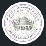 Beeswax Lip Balm Vintage Skep Lavender & Honeycomb Classic Round Sticker<br><div class="desc">Custom Lip Balm label with vintage illustration of a bee-hive surrounded by an old world garden with wildflowers,  lavender and little bees. Dotted circle border. Honeycomb Pattern in background. Personalize with your name,  apiary,  location and cell phone,  and ingredient list.</div>