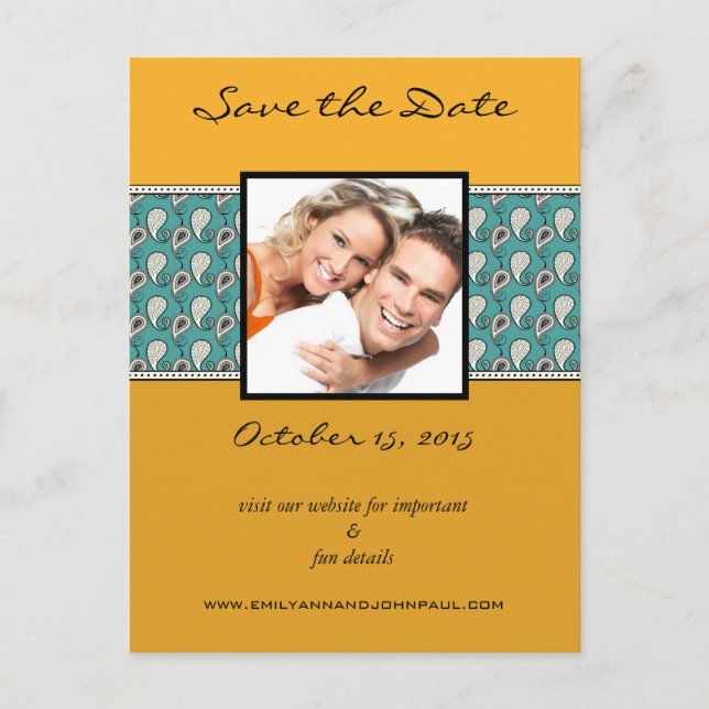 Beeswax & Teal Paisley Save The Date Your Photos Announcement Postcard (Front)