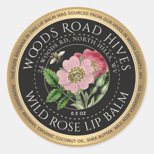 Beeswax Wild Rose Honeybee Lip Balm Gold Rim  Classic Round Sticker
