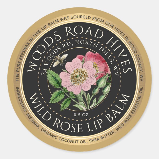 Beeswax Wild Rose Honeybee Lip Balm Gold Rim  Classic Round Sticker (Front)