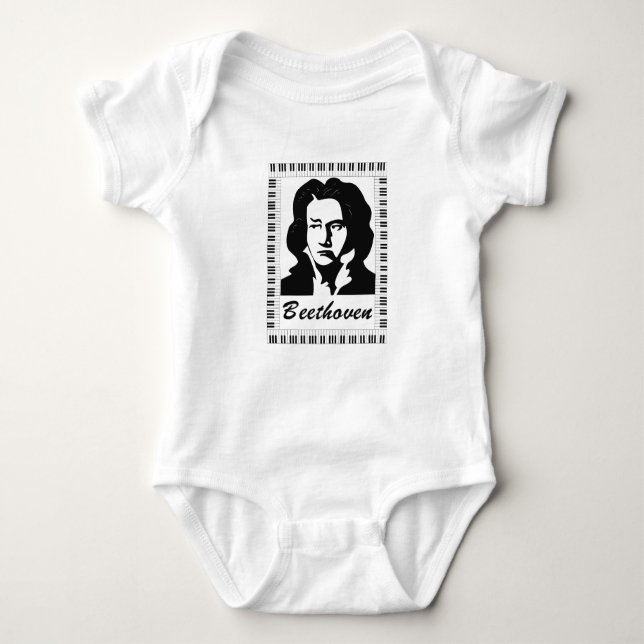 beethoven portrait with piano key frame baby bodysuit (Front)