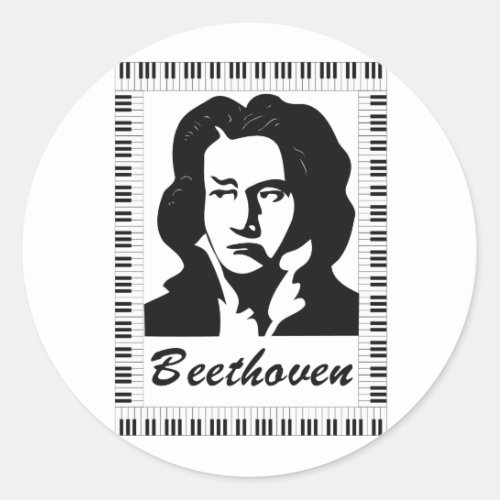 beethoven portrait with piano key frame classic round sticker