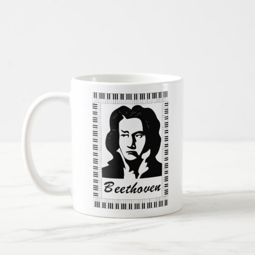 beethoven portrait with piano key frame coffee mug