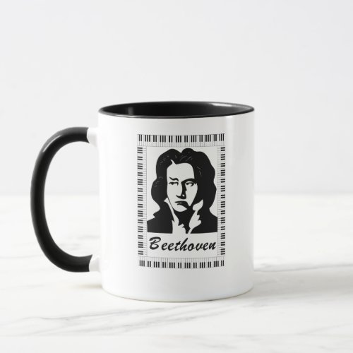 beethoven portrait with piano key frame mug