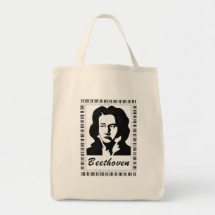 beethoven portrait with piano key frame tote bag