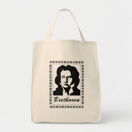 beethoven portrait with piano key frame tote bag