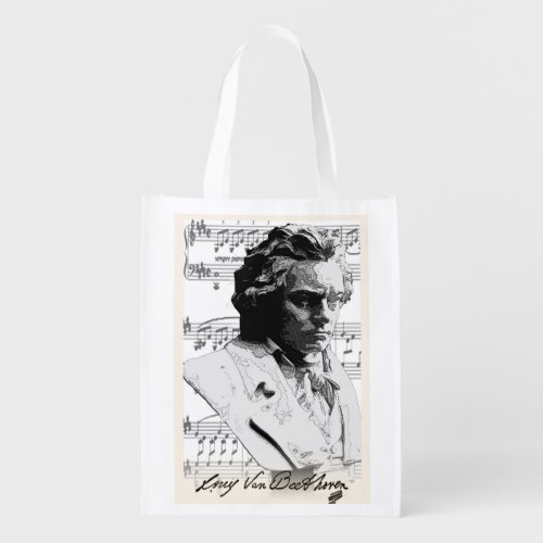 Beethoven Portrait with Sonata  T_Shirt Grocery Bag