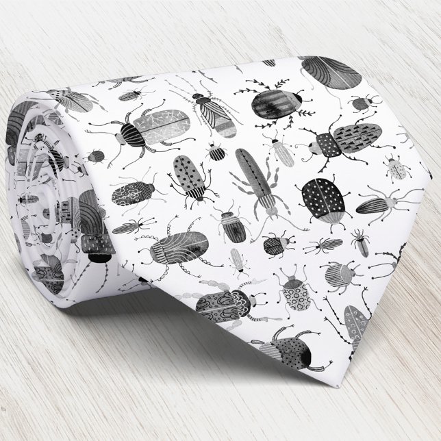 Beetle Black & White Neck Tie (Bugs Insects and Beetles black and white ink art neck tie)