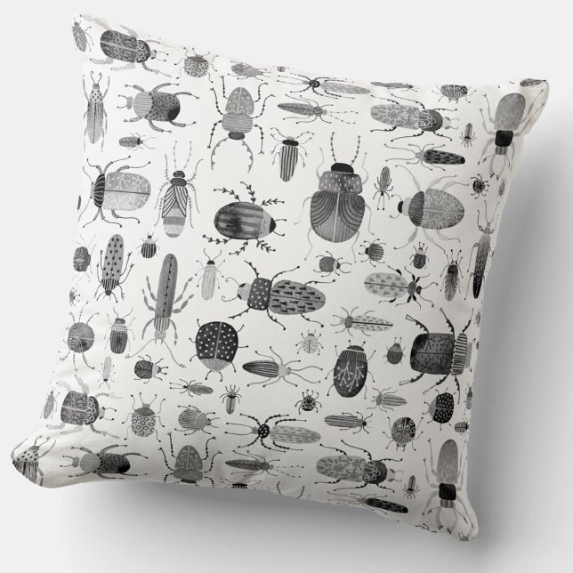 Beetle Black & White Throw Pillow (Bug and beetle creepy insect Watercolor pattern black and white throw pillow)