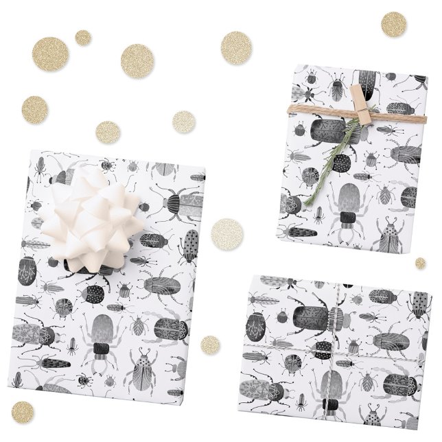 Beetle Black & White Wrapping Paper Sheets (Black and white bugs and beetles ink pattern gift wrapping paper )