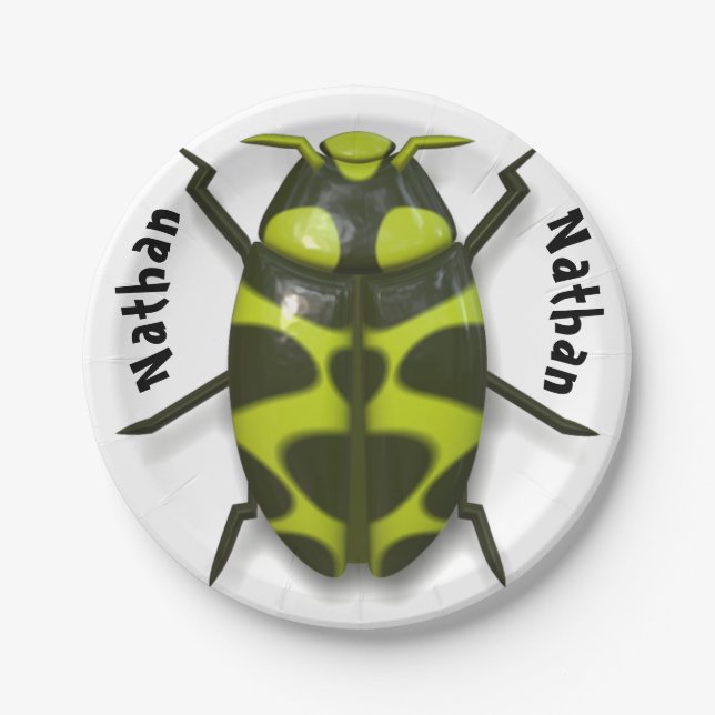 Beetle bug insect cute black green paper plates (Front)