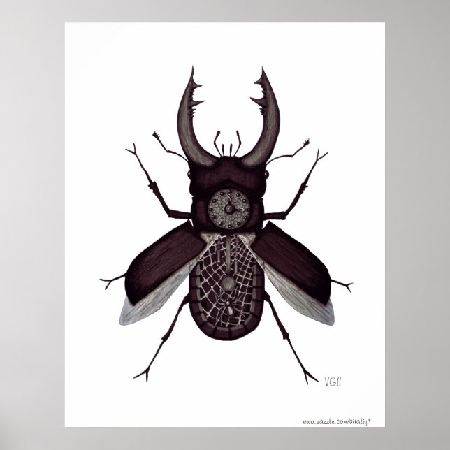 Beetle clock surreal black and white drawing poster (Front)