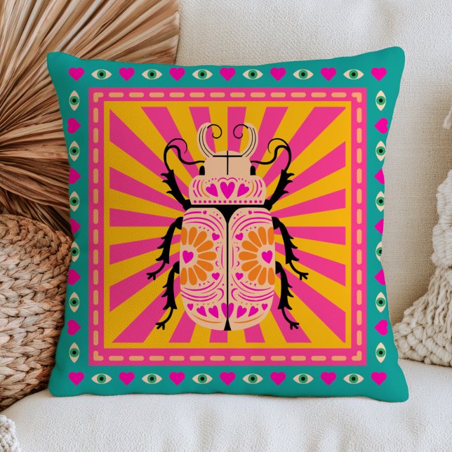 Beetle Insect with Heart Pattern Retro Maximalist Throw Pillow (Creator Uploaded)