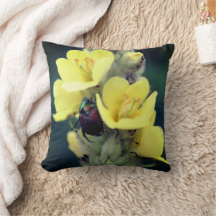 Beetle On Wild Mullein Flower Close Up Throw Pillow